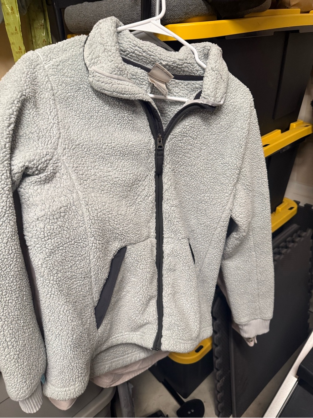 Light Blue Gray Sherpa Zip-Up Jacket with Black Trim